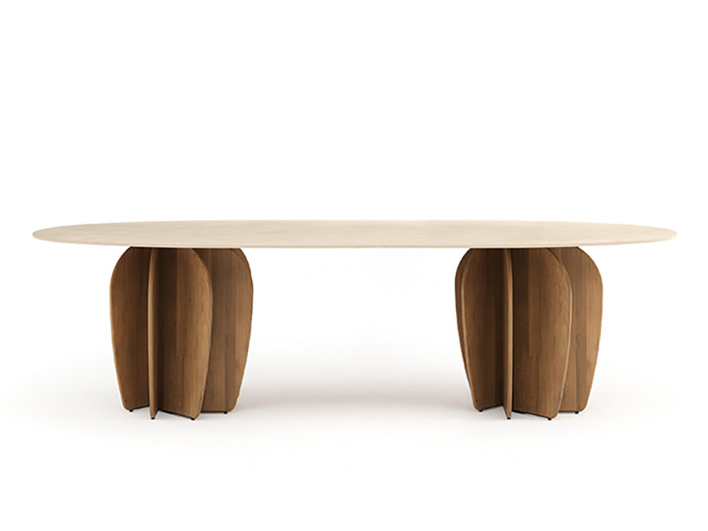 Mesa redonda diseño Coral Outdoor de Punt: base de madera teca y sobre Dekton por Arik Levy en Seismil Studio Madrid.