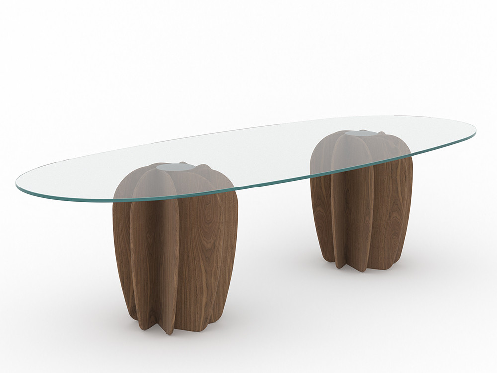 Mesas de comedor de diseño Coral por Punt: cristal y madera de nogal por Arik Levy en Seismil Studio Madrid