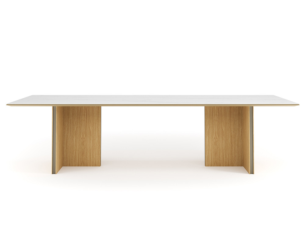 Mario Ruiz crea la mesa Stockholm en cerámico Dekton o Xtone: Punt Mobles en chapa roble en Mobel 6000 Seismil Studio