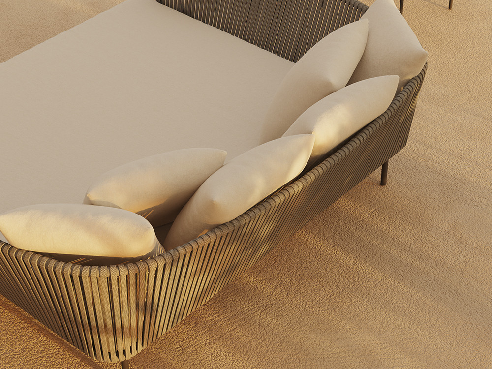 Cojines tapizados en la daybed exterior Boston de Skyline: obra de Santiago Sevillano disponible en Mobel 6000 de Madrid