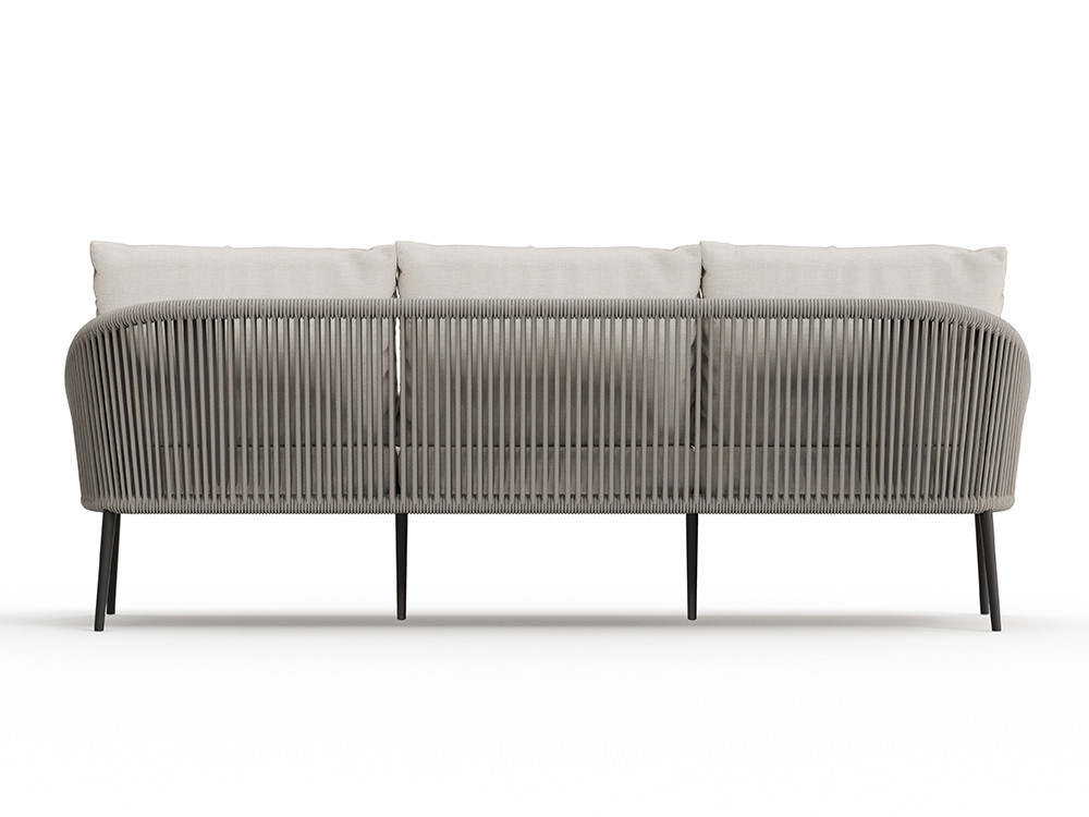 Skyline presenta el sofá Rodona: Santiago Sevillano combina aluminio carbón y cuerda Beige para Mobel 6000 en Madrid