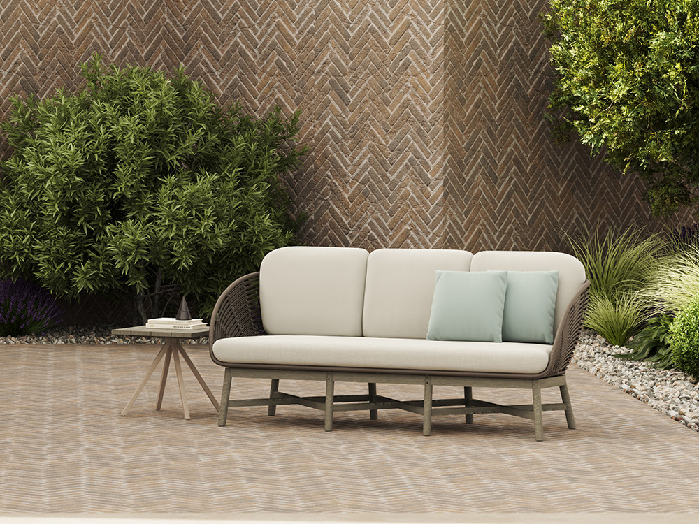 Sofas de exterior madera Neo Alaska Skyline: diseño 3 plazas en teca envejecida por Noel Royo en Mobel 6000 Madrid