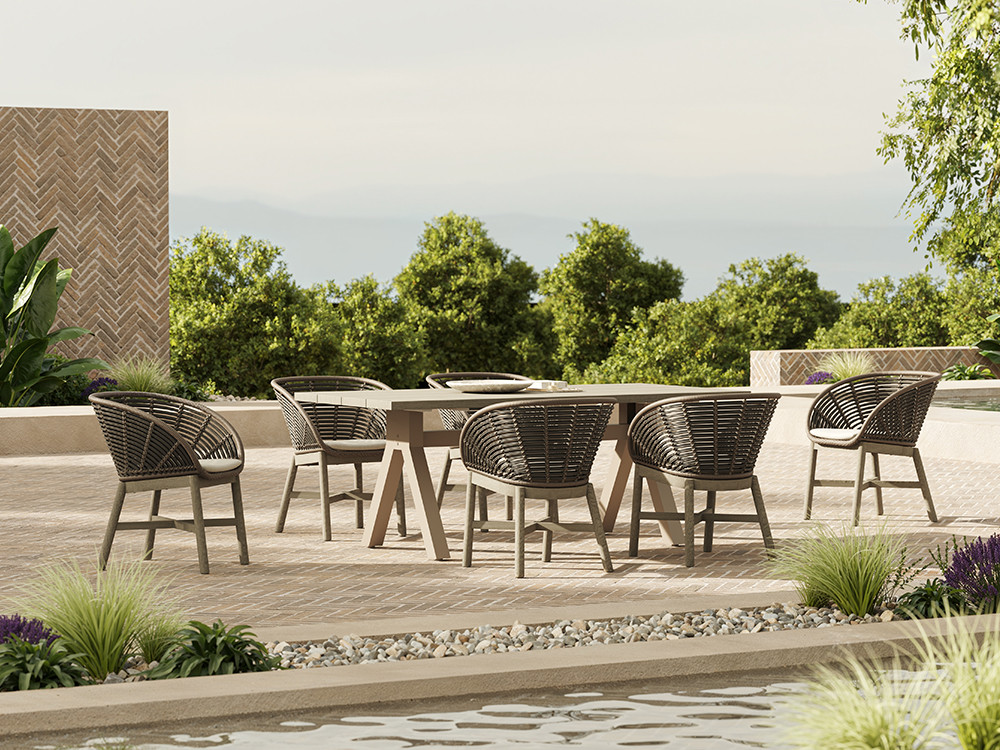 Mesa madera exterior Marroi: diseño rectangular en teca gris envejecida y base de aluminio cacao en Seismil Studio Madrid