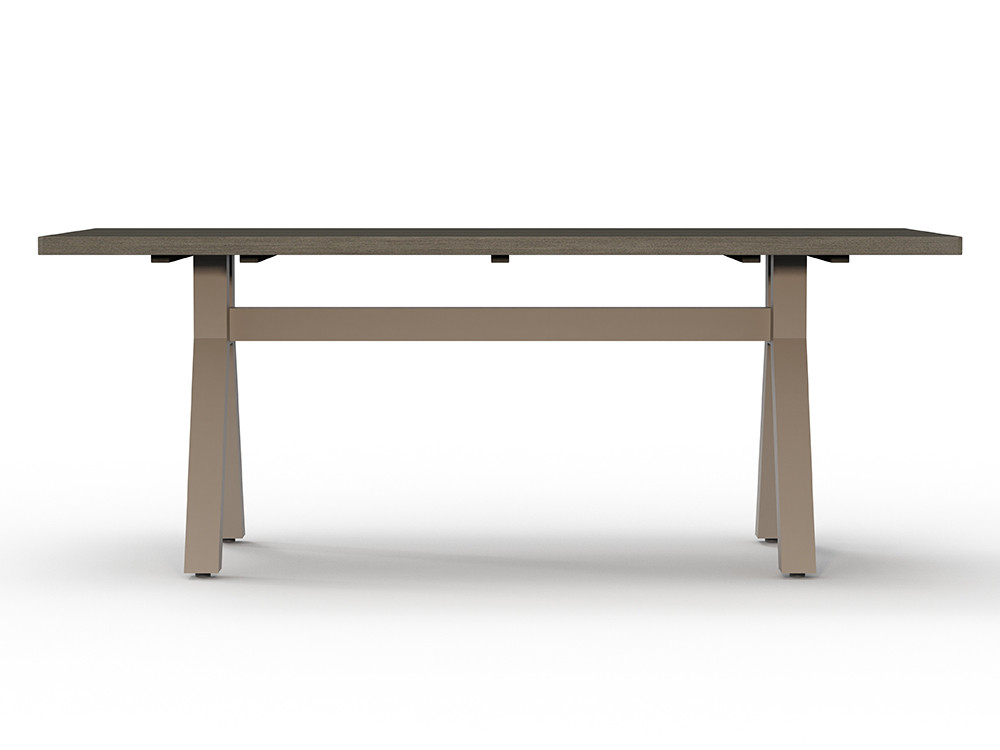 Mesa jardín madera Marroi: sobre de teca gris envejecida y patas de aluminio color cacao de Mobel 6000 disponible en Madrid.
