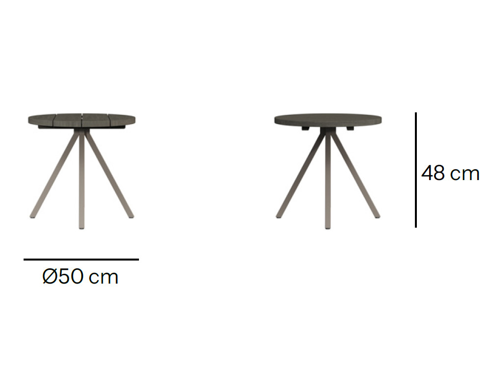 Mueble madera exterior Marroi: mesa auxiliar redonda en teca gris envejecida y aluminio para Mobel 6000 en Madrid