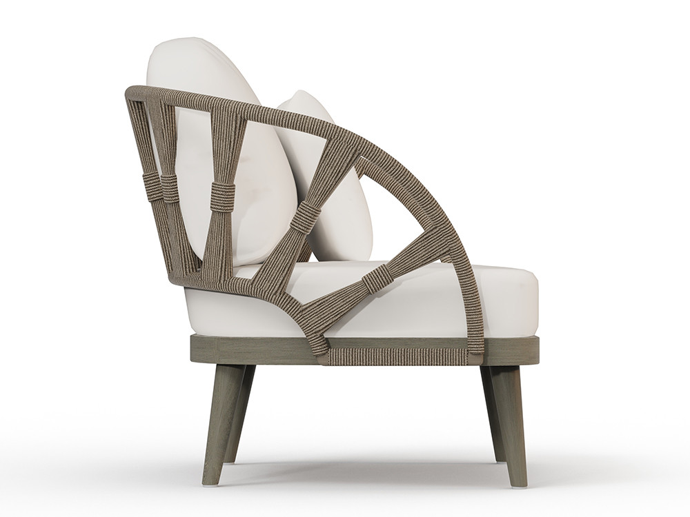 Sillón de jardín Neo Krabi por Skyline: teca gris envejecida y cuerda con tejidos de lujo en Seismil Studio de Madrid