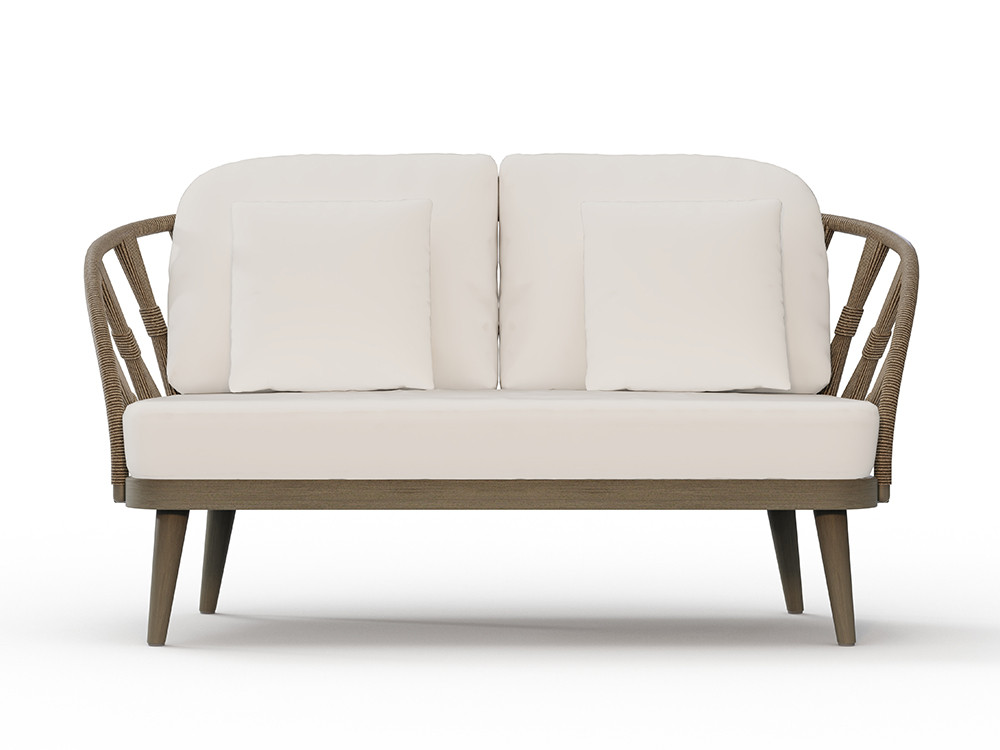 Sofas de terraza Neo Krabi por Skyline: teca gris envejecida y cuerda con cojines premium en Mobel 6000 de Madrid