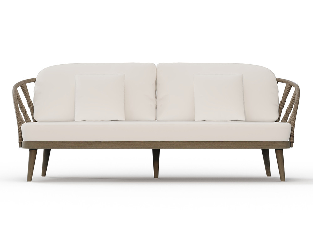 Skyline diseña los sofas de jardin Neo Krabi: teca gris envejecida y cuerda trenzada para Seismil Studio en Madrid
