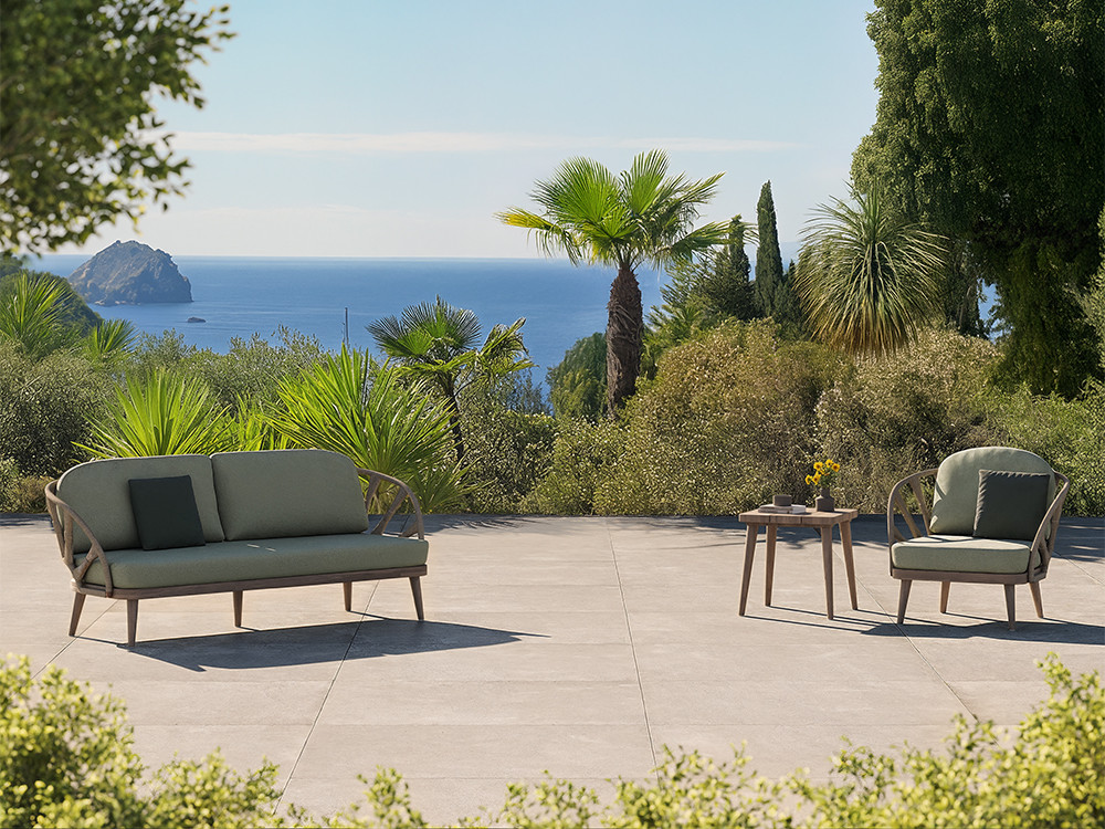 Sofas de terraza Neo Krabi: madera de teca gris y cuerda con cojines tapizados de Skyline en Mobel 6000 de Madrid