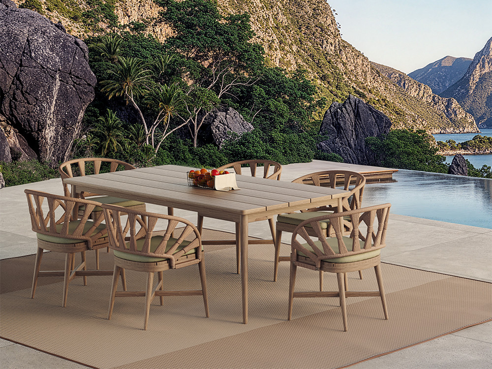 Skyline presenta la mesa jardin madera Neo Krabi: madera de teca gris envejecida de lujo para Seismil Studio Madrid.