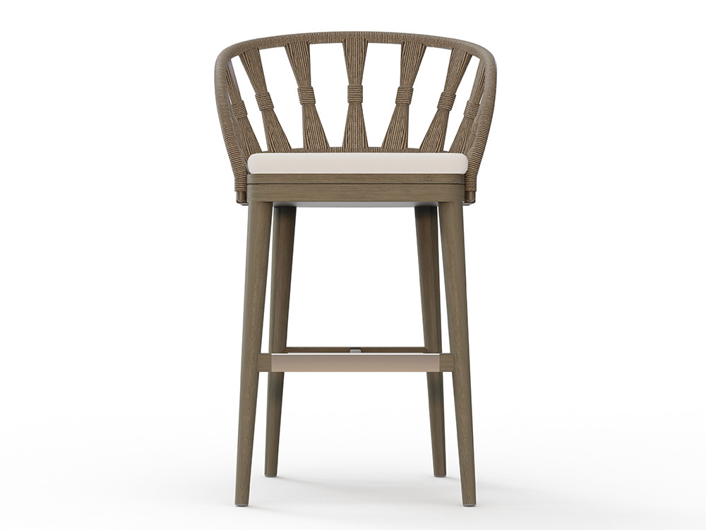 Taburete de diseño Neo Krabi de Skyline: madera de teca gris y cuerda artesanal para tu tienda Mobel 6000 Madrid