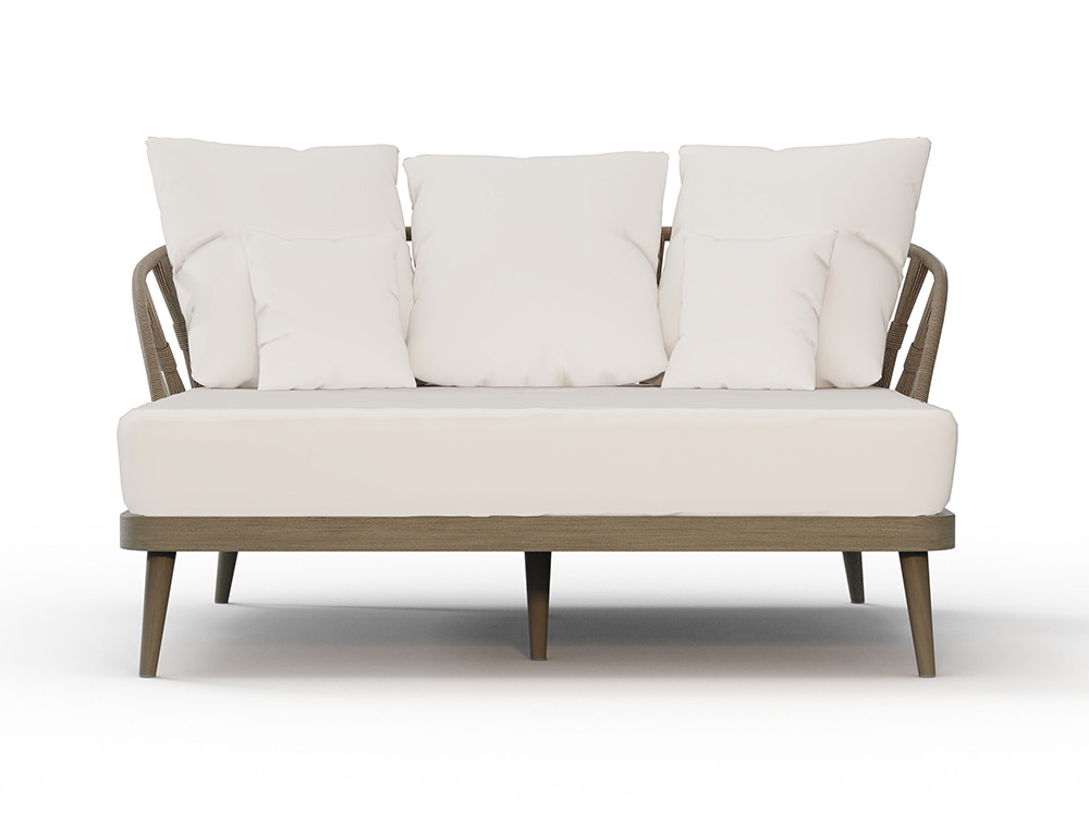 Muebles exterior madera Neo Krabi por Skyline: daybed en teca gris y cojines de lujo para Mobel 6000 en Madrid.
