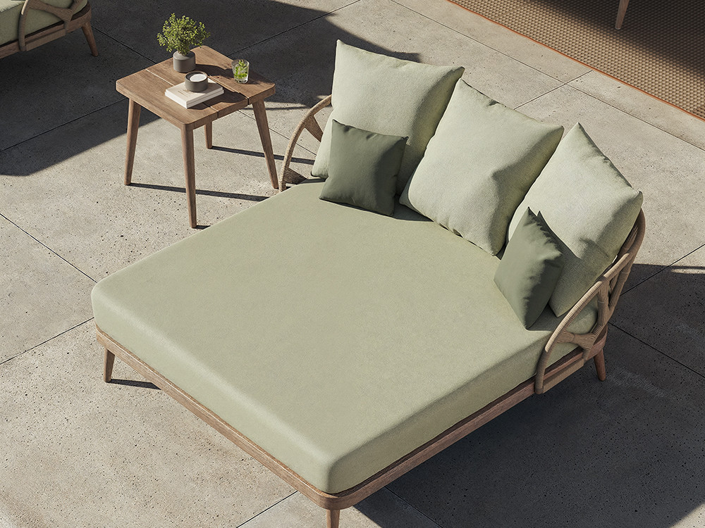 Daybed exterior Neo Krabi de Skyline: madera de teca gris y cojines tapizados premium en tu tienda Mobel 6000 de Madrid.