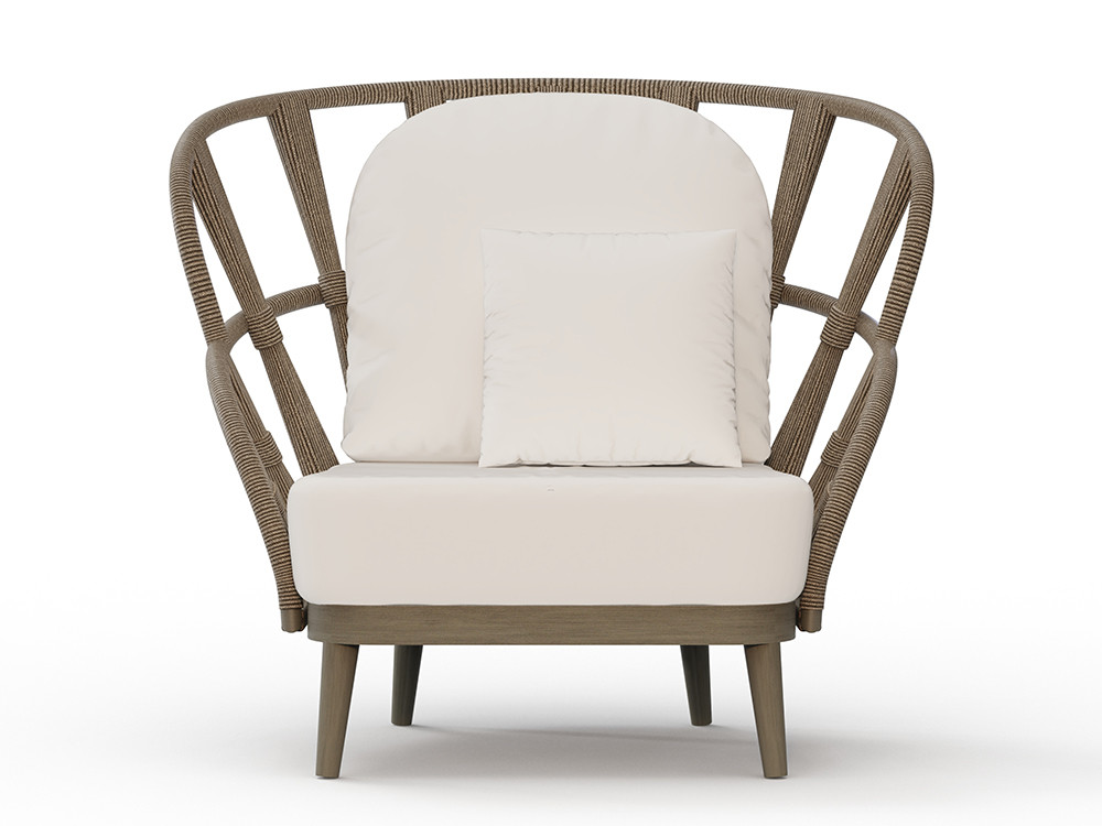 Sillon terraza Neo Krabi de Skyline: estructura de teca gris con respaldo alto y cuerda premium Mobel 6000 en Madrid