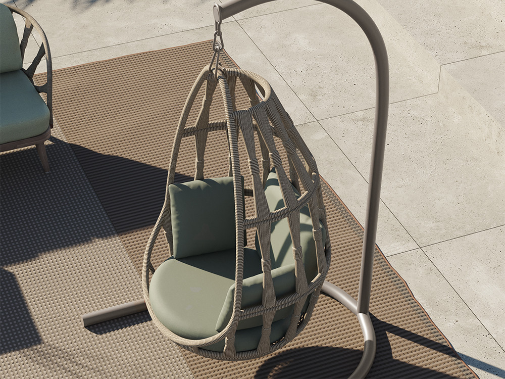 El columpio jardín Neo Krabi de Skyline incluye soporte, teca gris, cuerda y cojines de lujo en tu tienda Mobel 6000 de Madrid.