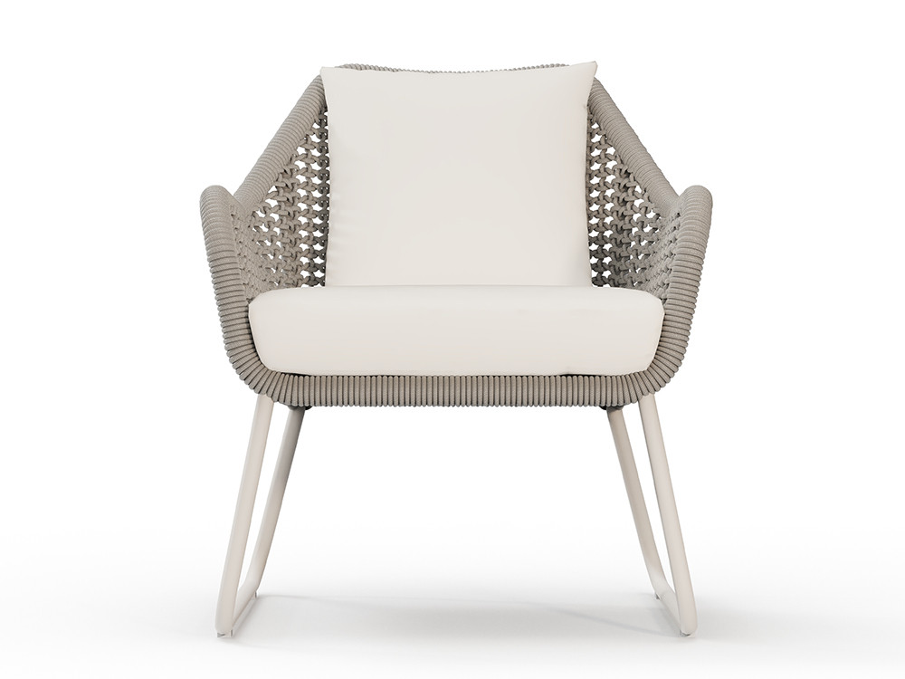 Sillon terraza Neo Moma de Skyline: cuerda beige y aluminio white wash con tejidos de lujo en Mobel 6000 de Madrid.