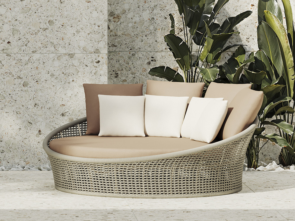 Daybed exterior redondo Neo Moma de Skyline: aluminio white wash y cuerda beige con cojines de lujo en Mobel 6000 Madrid