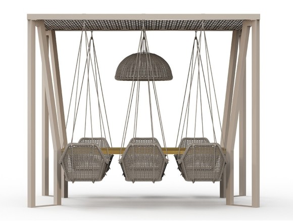 Cabaña comedor Neo Moma: mesa de teca y 6 columpios jardín de aluminio y cuerda en tu tienda Mobel 6000 de Madrid