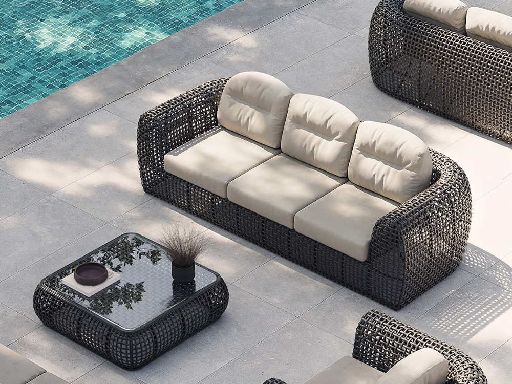 Muebles jardin Neo Dynasty: sofa de 2 o 3 plazas en aluminio y fibra trenzada premium para la firma Seismil Studio de diseño