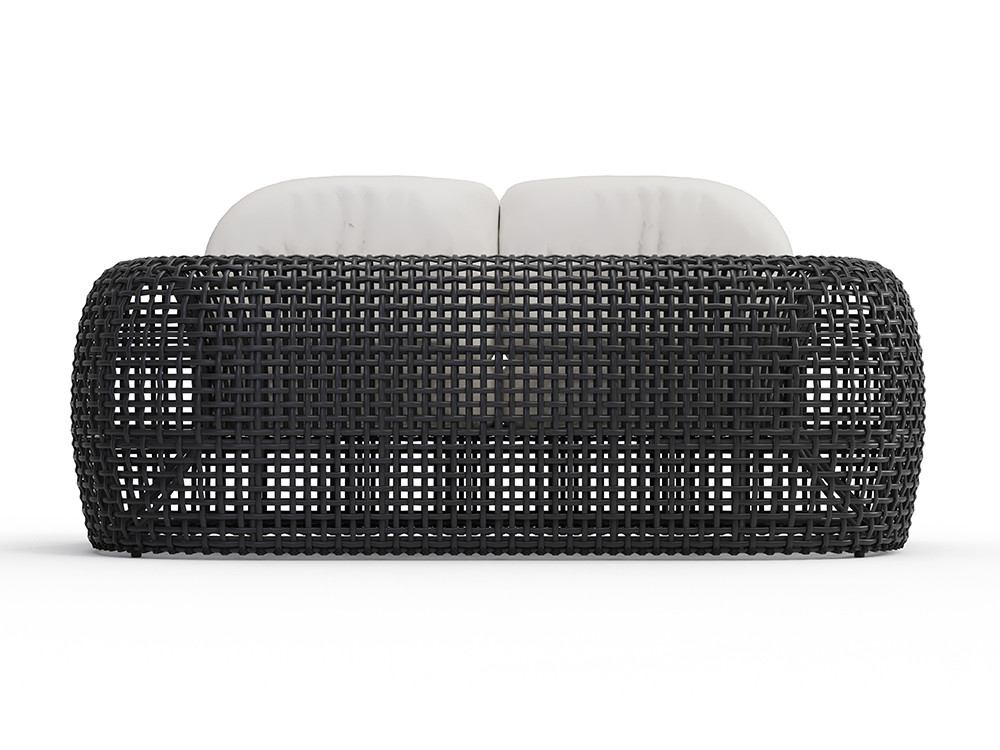 Elegantes sofas terraza Neo Dynasty de aluminio y fibra sintética trenzada artesanalmente con cojines premium únicos
