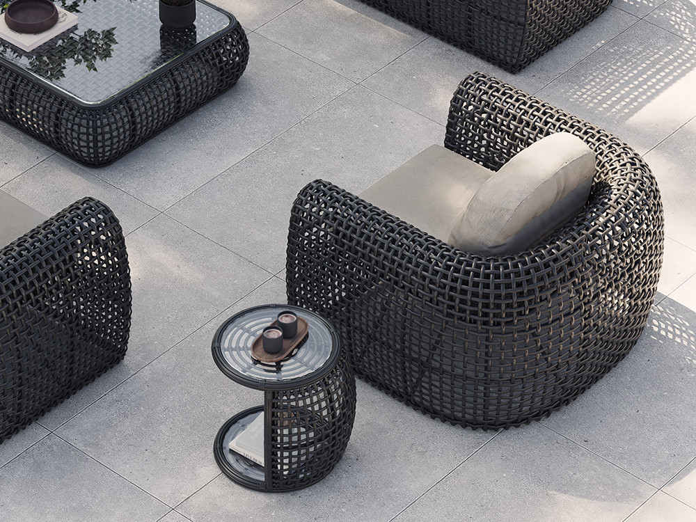Mesas auxiliares de diseño Neo Dynasty por Skyline: fibra sintética trenzada y cristal en la tienda Mobel 6000