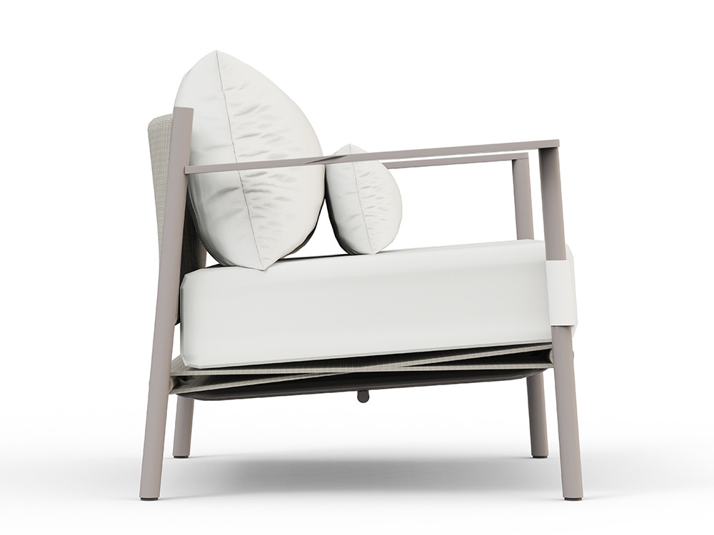 Sillón de jardín Nara de Skyline Design: aluminio cocoa y cuerda beige con cojines premium en Mobel 6000