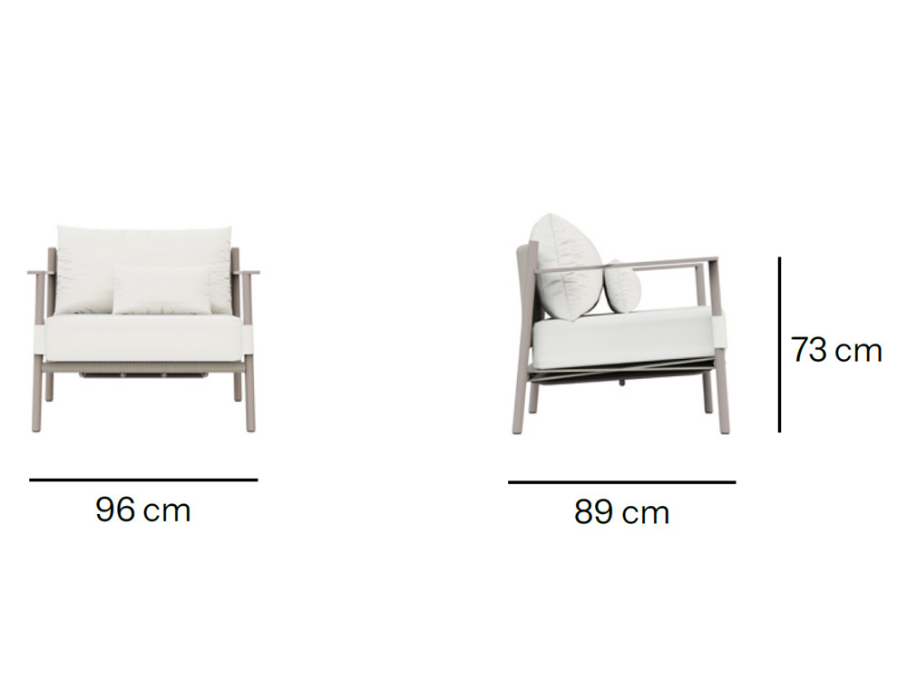 Sillón exterior Nara de Skyline: estructura de aluminio cocoa y cuerda beige premium en la tienda Mobel 6000 de Madrid