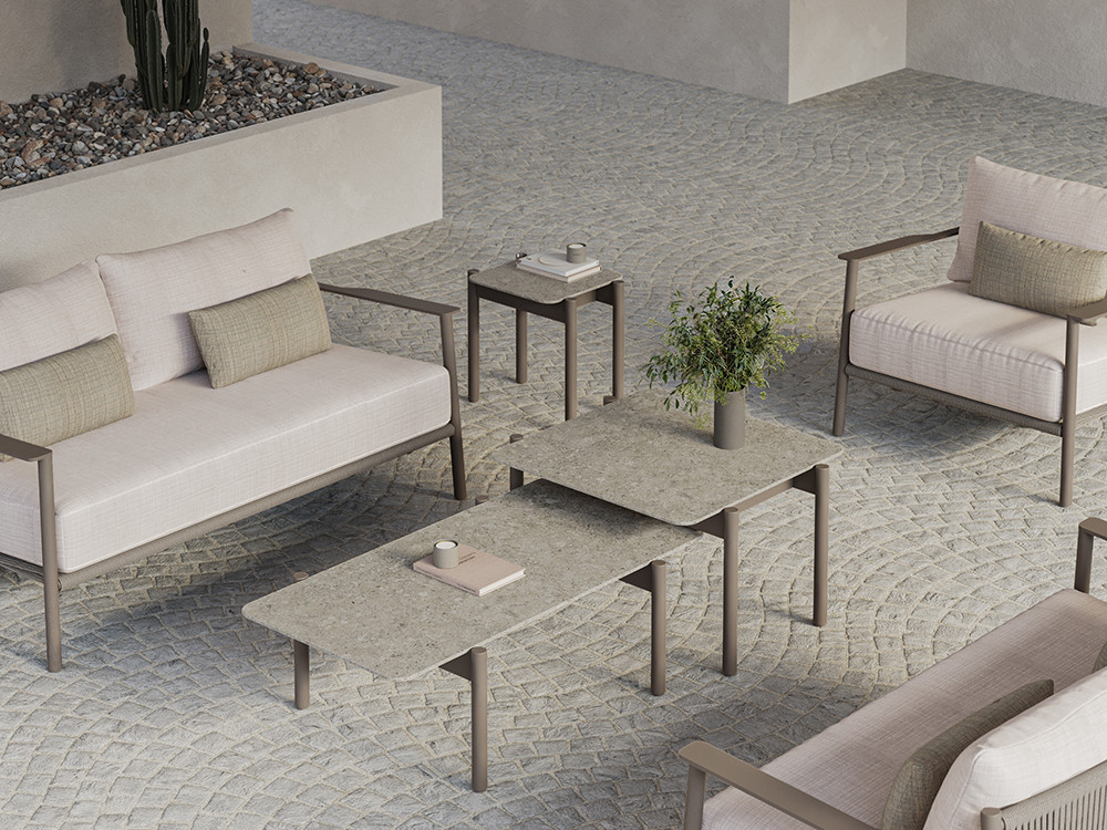Muebles exterior aluminio Nara: sofá de 2 o 3 plazas en cuerda beige y cocoa. Haz tu compra online en Mobel 6000