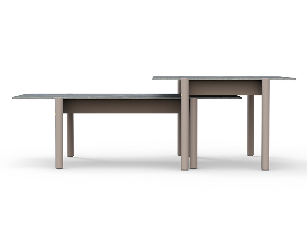 Diseño premium con la mesa de centro Nara: estructura de aluminio cocoa y sobre porcelánico. Disponible en dos medidas.
