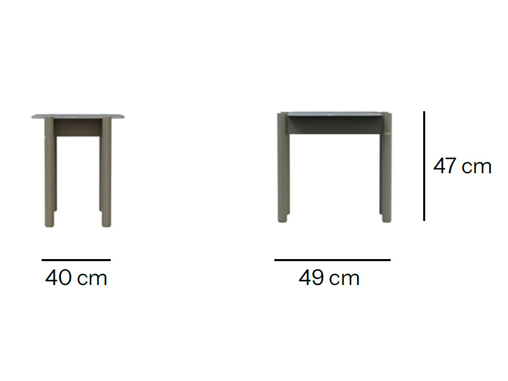 Muebles exterior aluminio Nara: mesa auxiliar con sobre porcelánico y patas en acabado cement grey de gran resistencia.