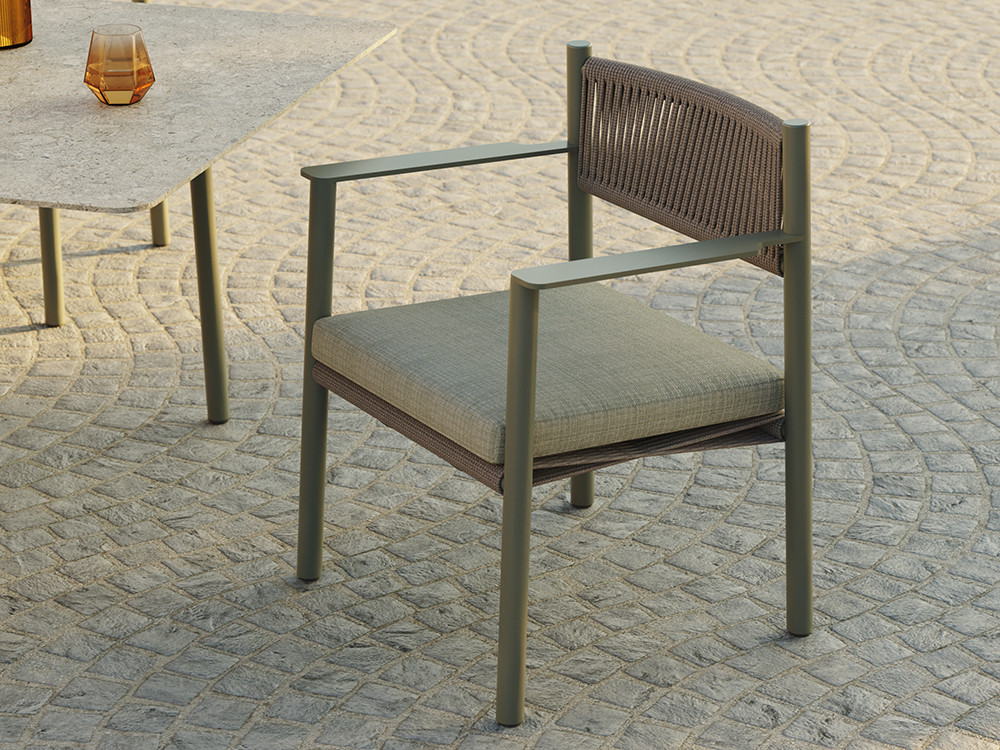 Sillas de comedor tapizadas modernas Nara: aluminio cocoa y cuerda beige en la tienda Seismil Studio