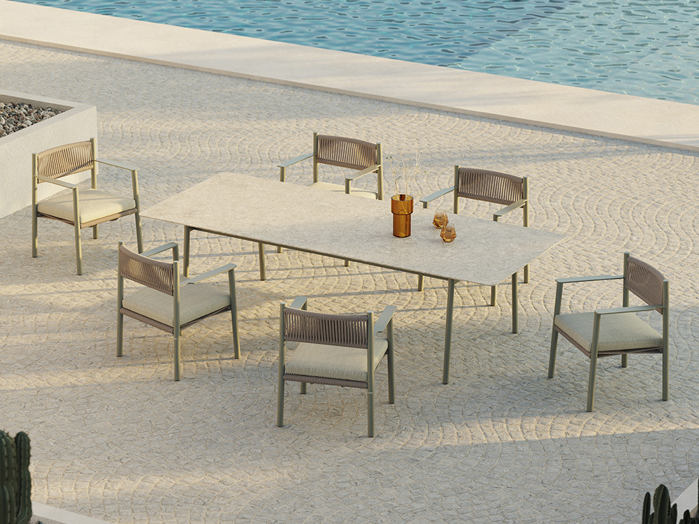 Silla terraza comoda Nara: estructura de aluminio cement grey y cuerda beige. Compra online en Mobel 6000