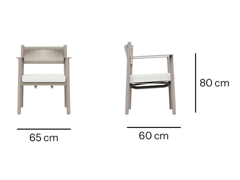 Sillas jardin aluminio Nara de Skyline Design: acabado cement grey, cuerda beige y cojín tapizado en tejido premium