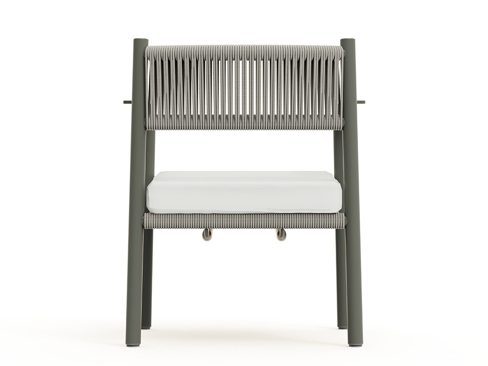 Silla exterior cuerda Nara: fusión de aluminio cocoa y trenzado beige artesanal con cojín de asiento tapizado premium