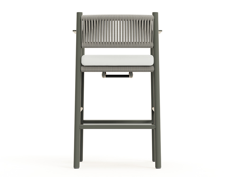 Elegante taburete de diseño Nara: aluminio cement grey y trenzado beige artesanal. Calidad premium para barras exterior.