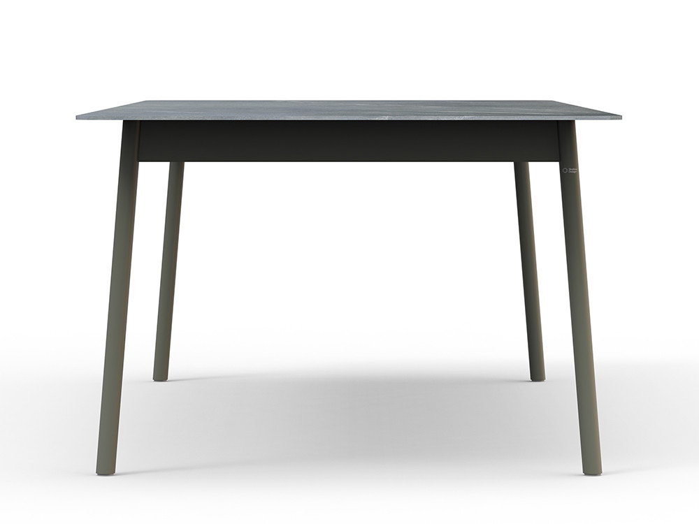 Descubra la mesa comedor porcelánico Nara: base de aluminio en acabado cement grey de gran durabilidad y diseño formal