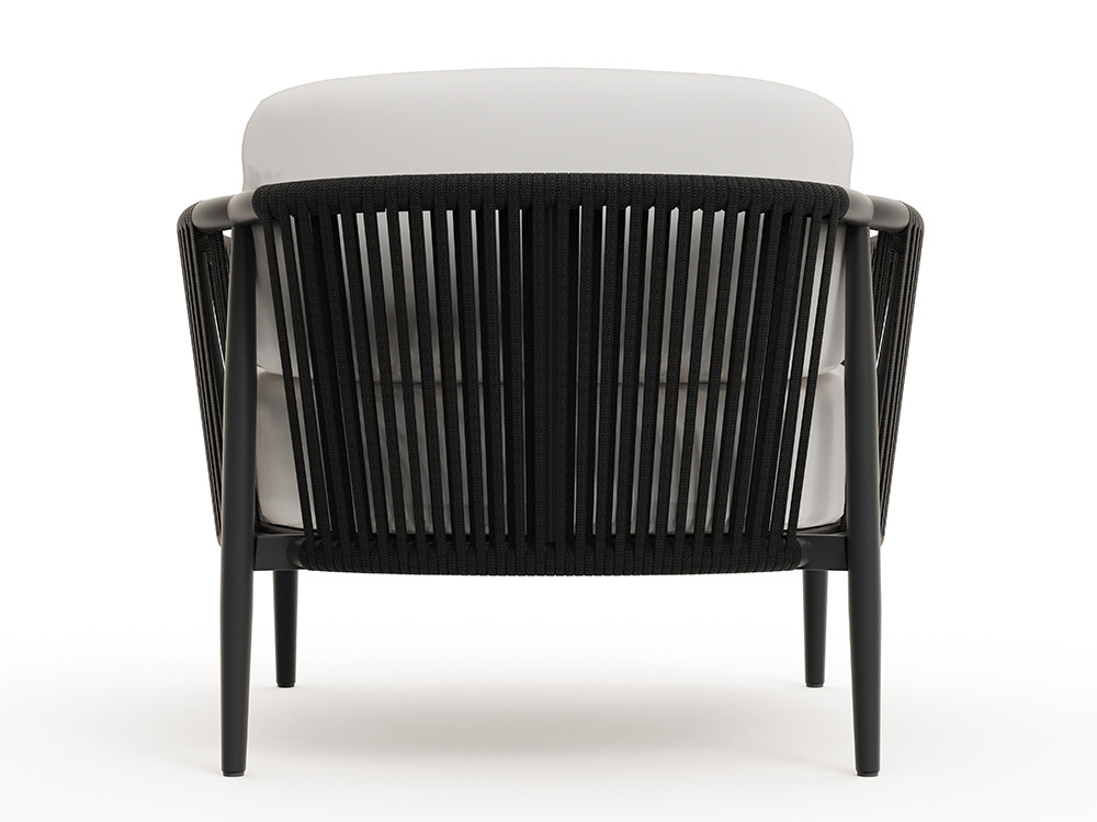 Sillón jardín aluminio Clover: estructura en negro o blanco roto con cuerda trenzada y cojines tapizados de calidad