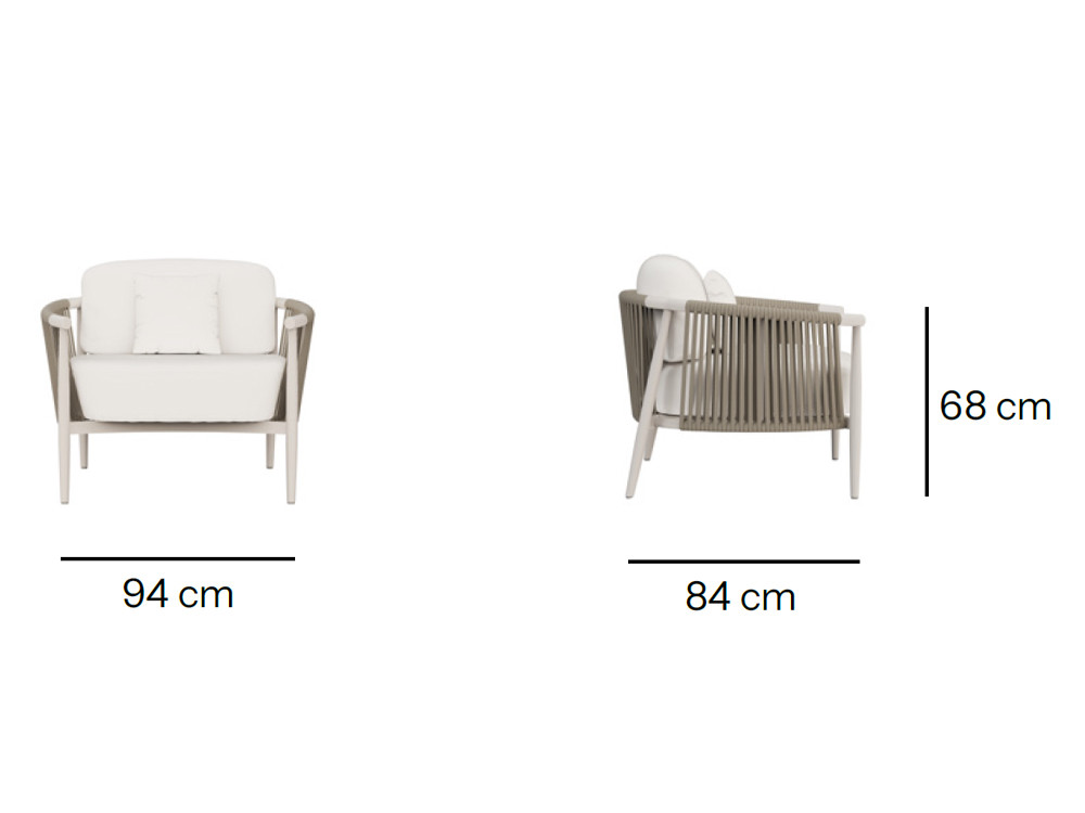 Diseño formal con el sillón exterior Clover: aluminio blanco roto y cuerda trenzada con cojín de asiento tapizado