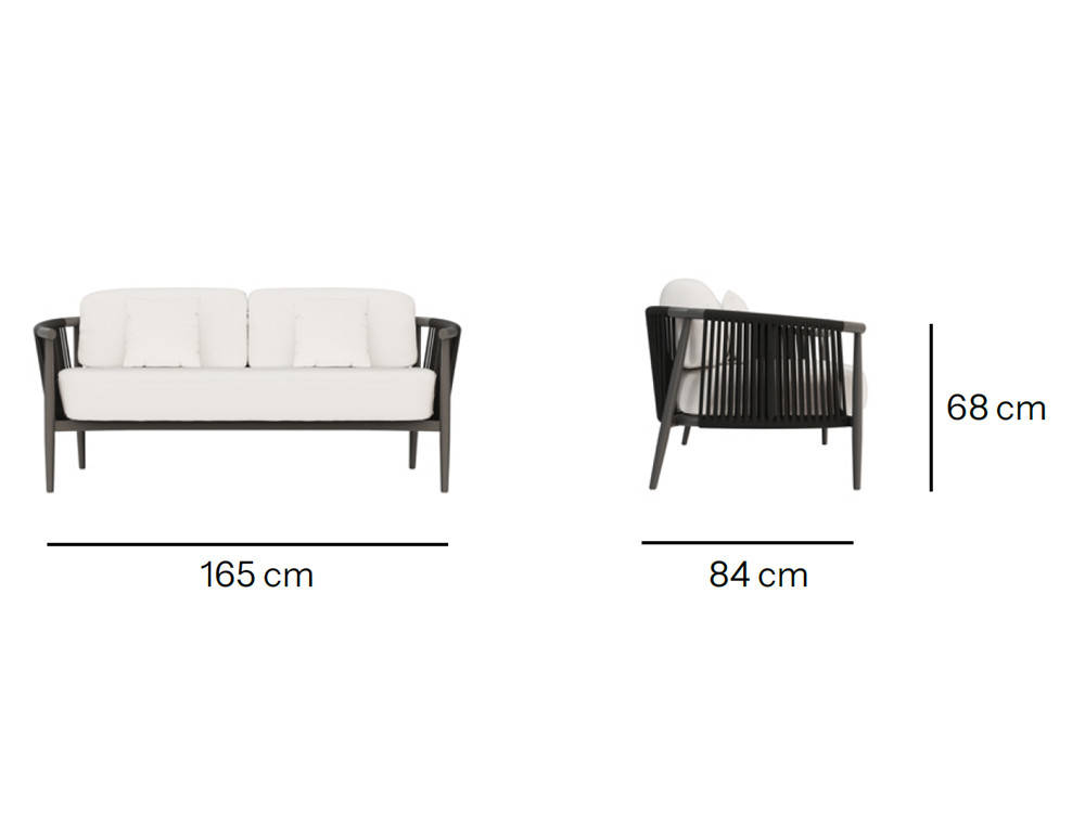 Sofás de exterior Clover: diseño en aluminio negro y cuerda con cojines tapizados en tejidos seleccionados premium