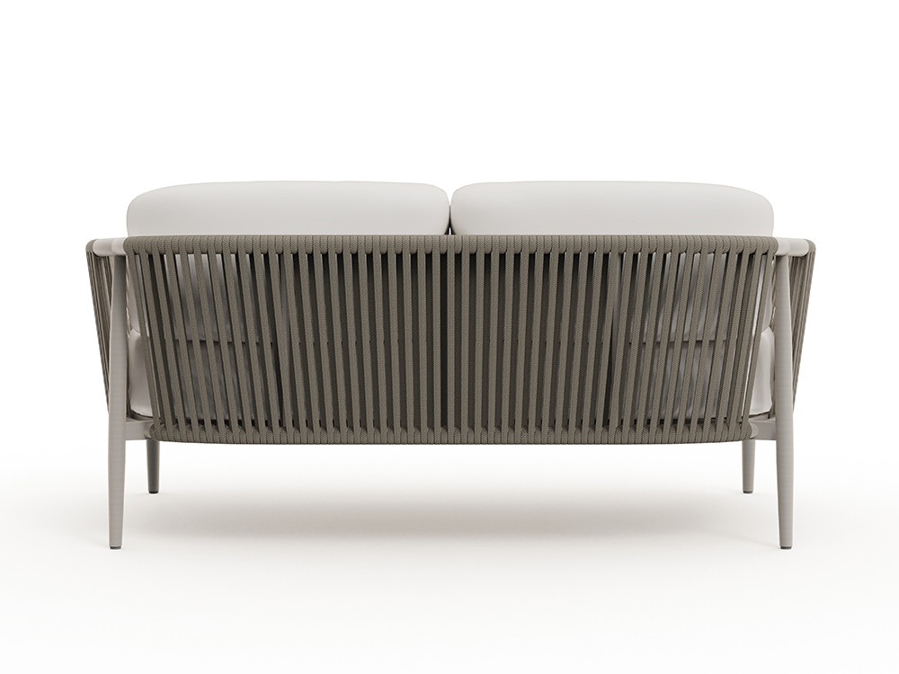 Muebles exterior aluminio Clover: sofá de diseño con cuerda trenzada y estructura en color negro. Calidad y elegancia.