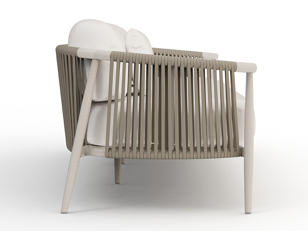 Sofá de jardín Clover: estructura de aluminio negro con trenzado de cuerda artesanal. Mobiliario de exterior