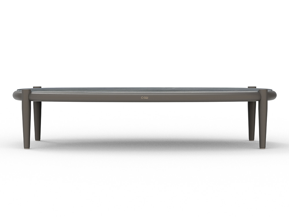 Mesa centro exterior Clover: base de aluminio blanco o negro con sobre porcelánico. Disponible en tres medidas