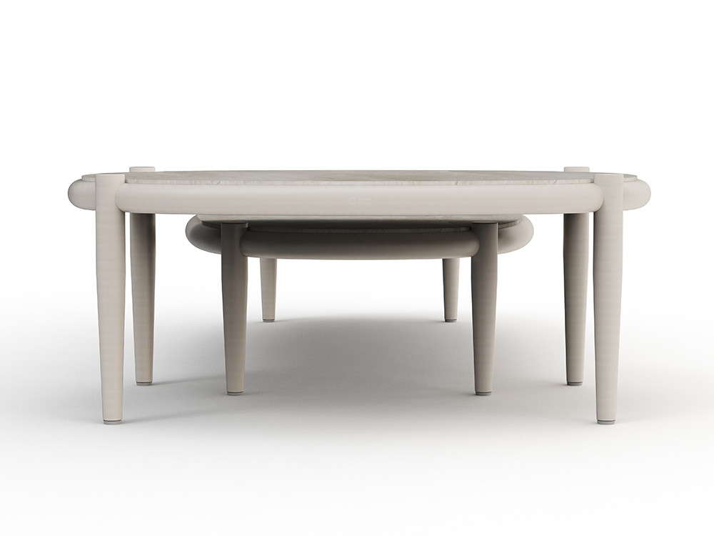Mesa exterior aluminio Clover: estructura metálica y sobre porcelánico resistente. Disponible en tres tamaños