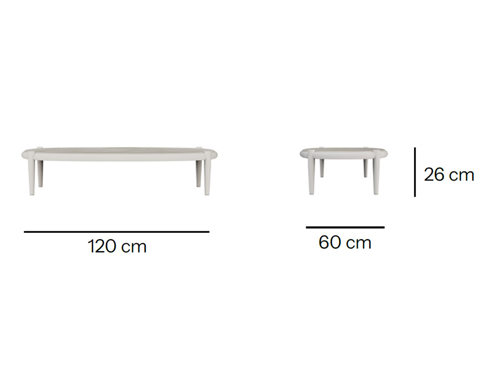 Elegantes mesas de centro Clover: aluminio y porcelánico resistente.