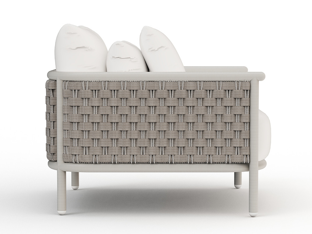 Los muebles exterior aluminio Botit combinan cuerda plana y redonda en un diseño formal white wash para tu terraza