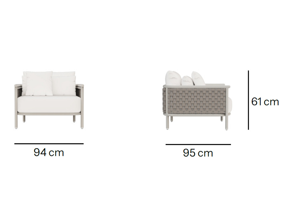 Descubre el diseño formal del sillón exterior Botit en aluminio white wash con trenzado artesanal de cuerdas mixtas