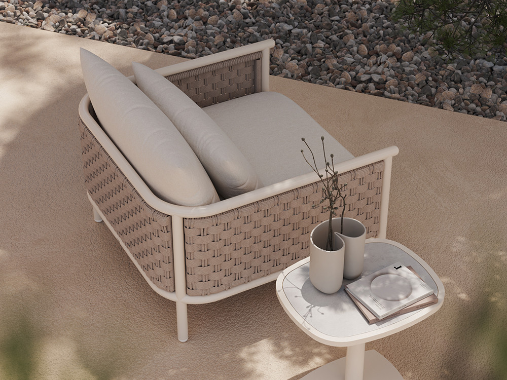 Consigue tu sillón exterior Botit con aluminio white wash y cuerda plana. Realiza tu compra online en Mobel 6000