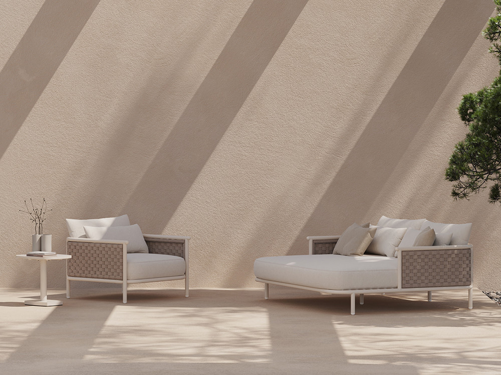 Disfruta el confort del sillón exterior Botit: aluminio white wash y trenzado manual de cuerda plana para tu jardín