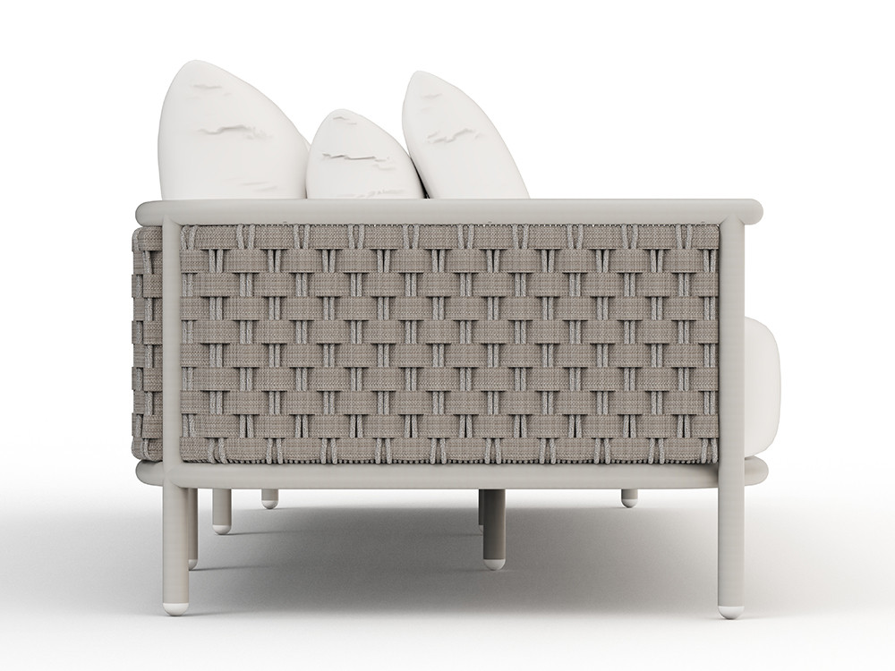 Descubre el confort del sofá de jardín Botit: estructura white wash y trenzado manual de cuerda para tu zona exterior.
