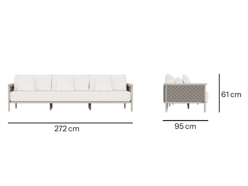 Disfruta el diseño del sofá de jardín Botit: aluminio white wash y trenzado de cuerda plana ancha.